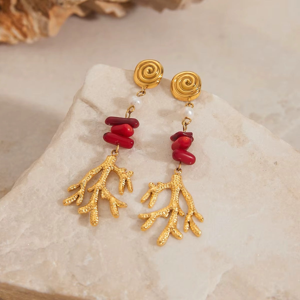Boucles d’oreilles Corail Acier inoxydable Gold et Rouge
