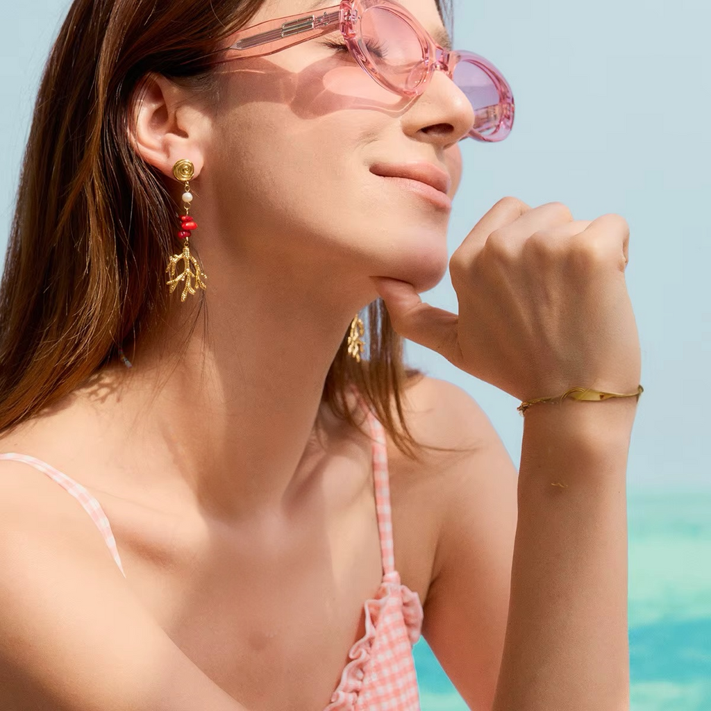 Boucles d’oreilles Corail Acier inoxydable Gold et Rouge