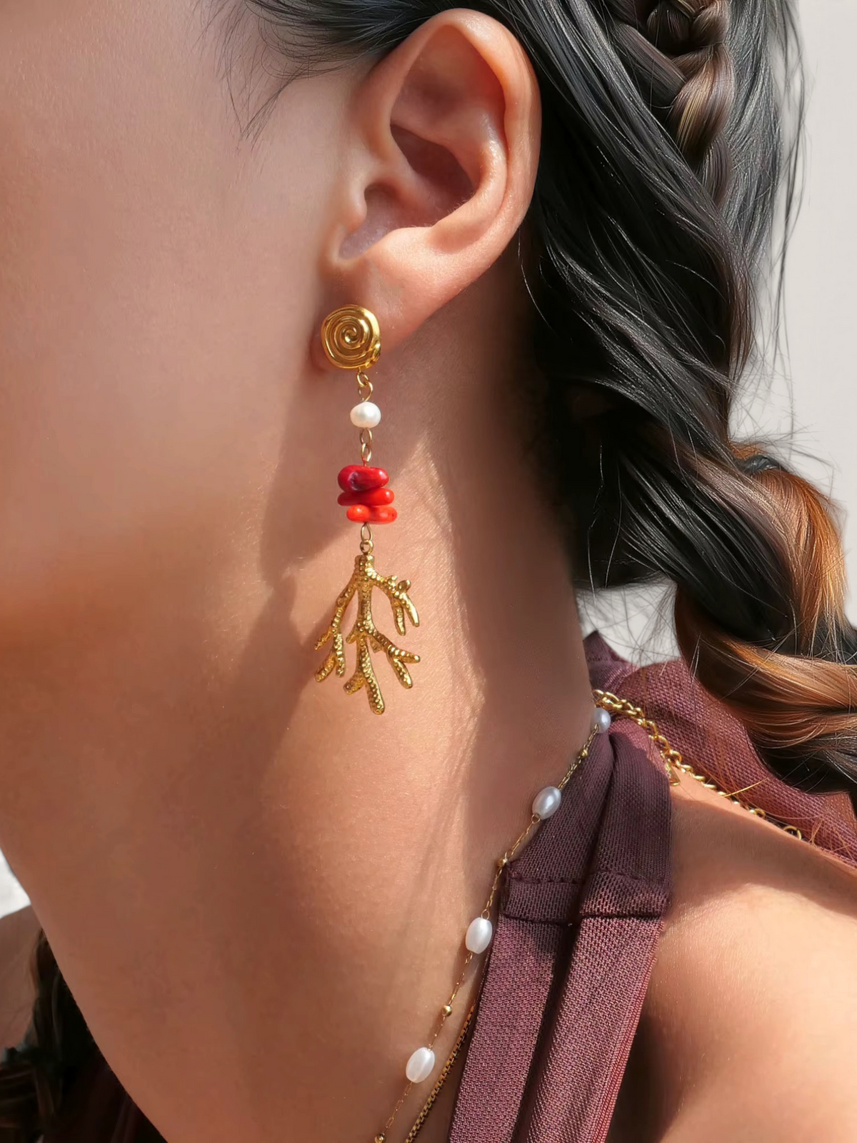 Boucles d’oreilles Corail Acier inoxydable Gold et Rouge