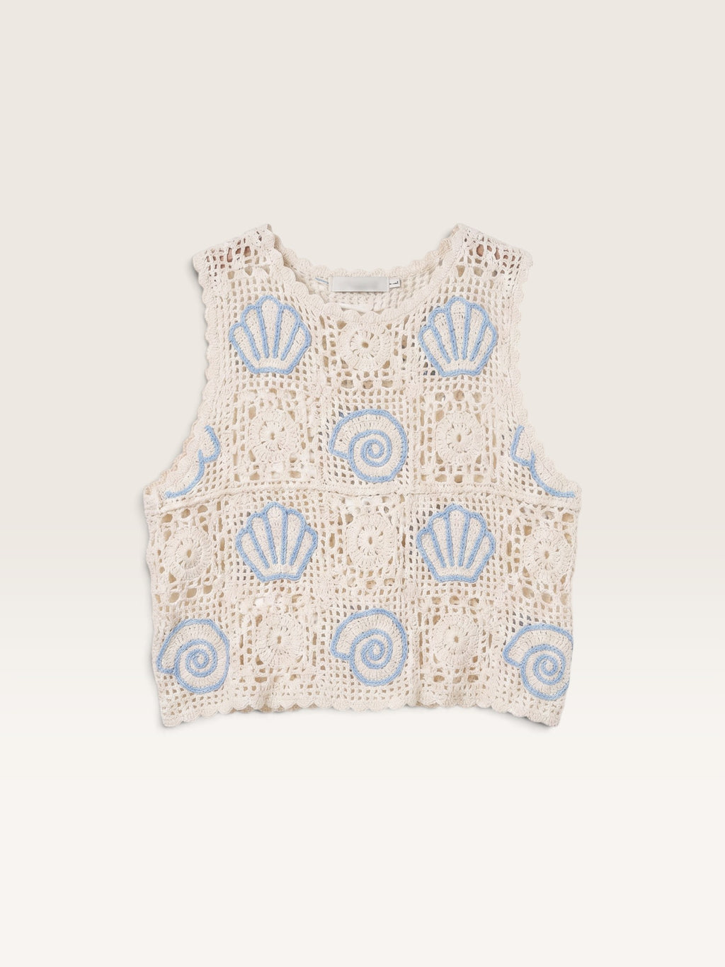 Sable_blanc_collection cream crochet tank top with light blue shell and spiral embroidery in 100% cotton