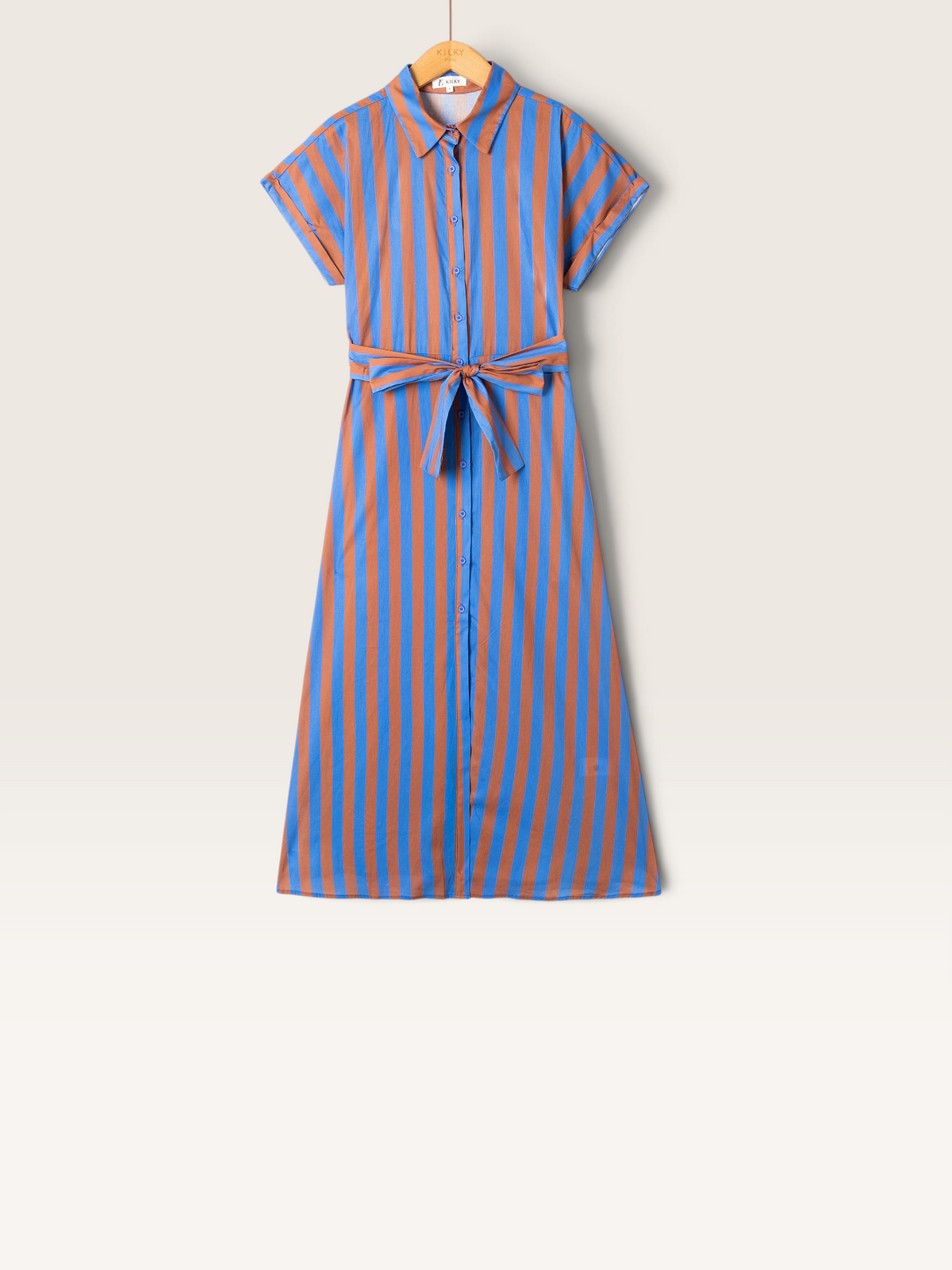 Robe chemise Sable_blanc_collection Kilky en coton rayé bleu et orange avec ceinture à nouer et manches courtes